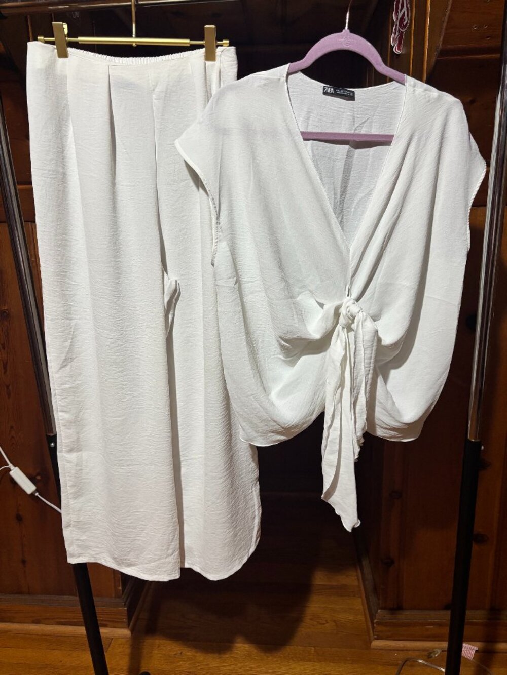 Zara Cream Tie-Front Wide-Leg Pantsuit Set